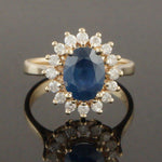 Solid 14K Yellow Gold 1.90 Ct Blue Sapphire .45 CTW Diamond Halo Engagement Ring