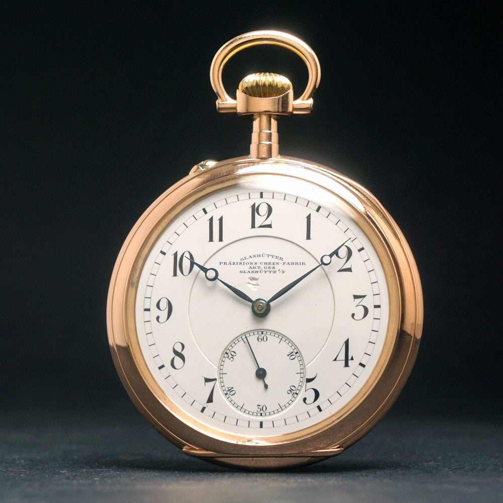 Large Glashutter Uhren Fabrik AKT-Ges Glashutte 14K Rose Gold Pocket Watch, Olde Towne Jewelers, Santa Rosa CA.