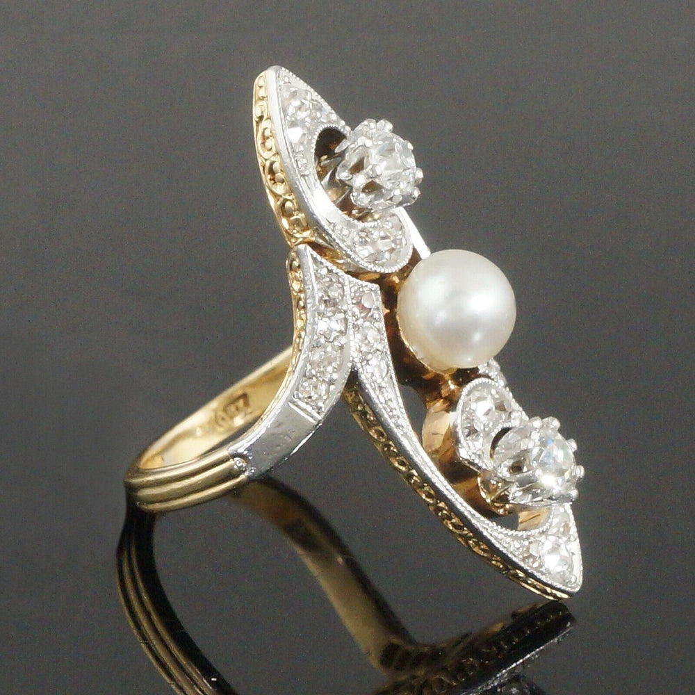 Solid 18K Yellow & Platinum Top, Pearl, .72 CTW OEC Diamond Filigree Dinner Ring, Olde Towne Jewelers, Santa Rosa CA.