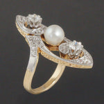 Solid 18K Yellow & Platinum Top, Pearl, .72 CTW OEC Diamond Filigree Dinner Ring, Olde Towne Jewelers, Santa Rosa CA.