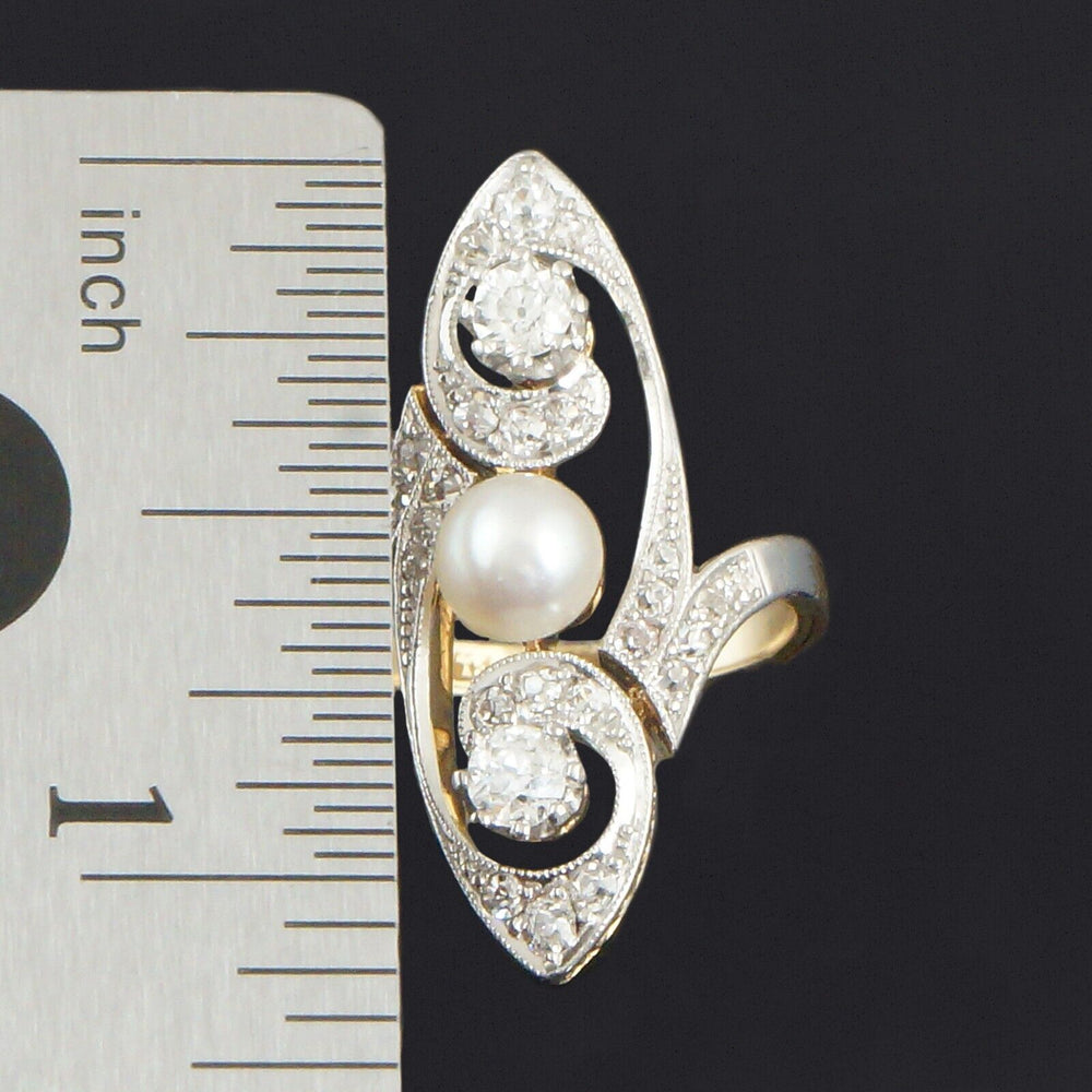 Solid 18K Yellow & Platinum Top, Pearl, .72 CTW OEC Diamond Filigree Dinner Ring, Olde Towne Jewelers, Santa Rosa CA.