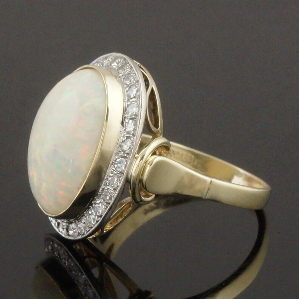 Solid 14K Yellow Gold Filigree 12.0 Ct Opal & .50 Ctw Diamond Halo Cocktail Ring, Olde Towne Jewelers, Santa Rosa CA.