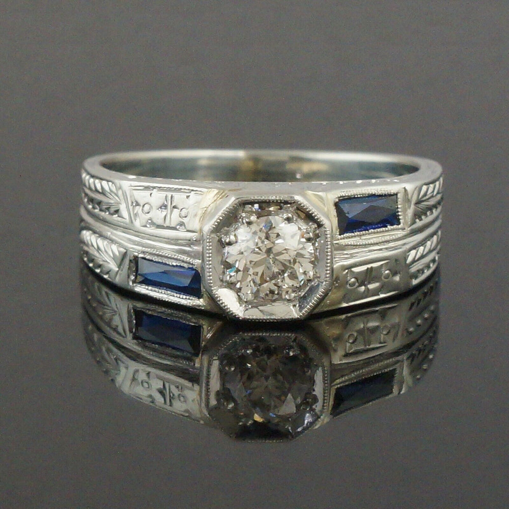1930's Art Deco Engraved Solid 18K Gold .40 CTW OEC Diamond & Sapphire Ring, Olde Towne Jewelers, Santa Rosa CA.