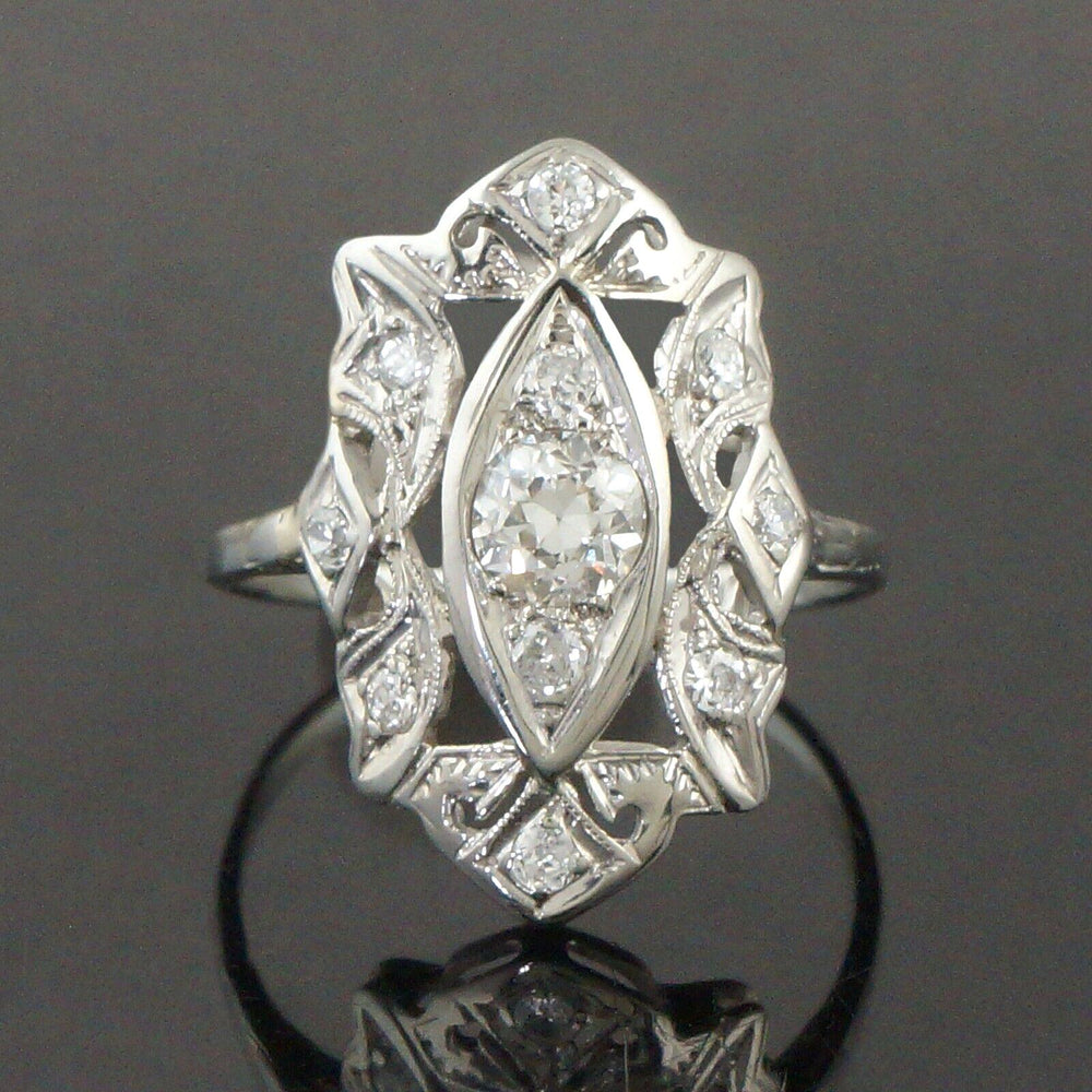 Art Deco Solid 18K White Gold Filigree Diamond Wedding Band, Estate Dinner Ring