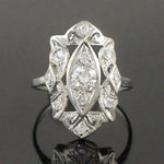 Art Deco Solid 18K White Gold Filigree Diamond Wedding Band, Estate Dinner Ring