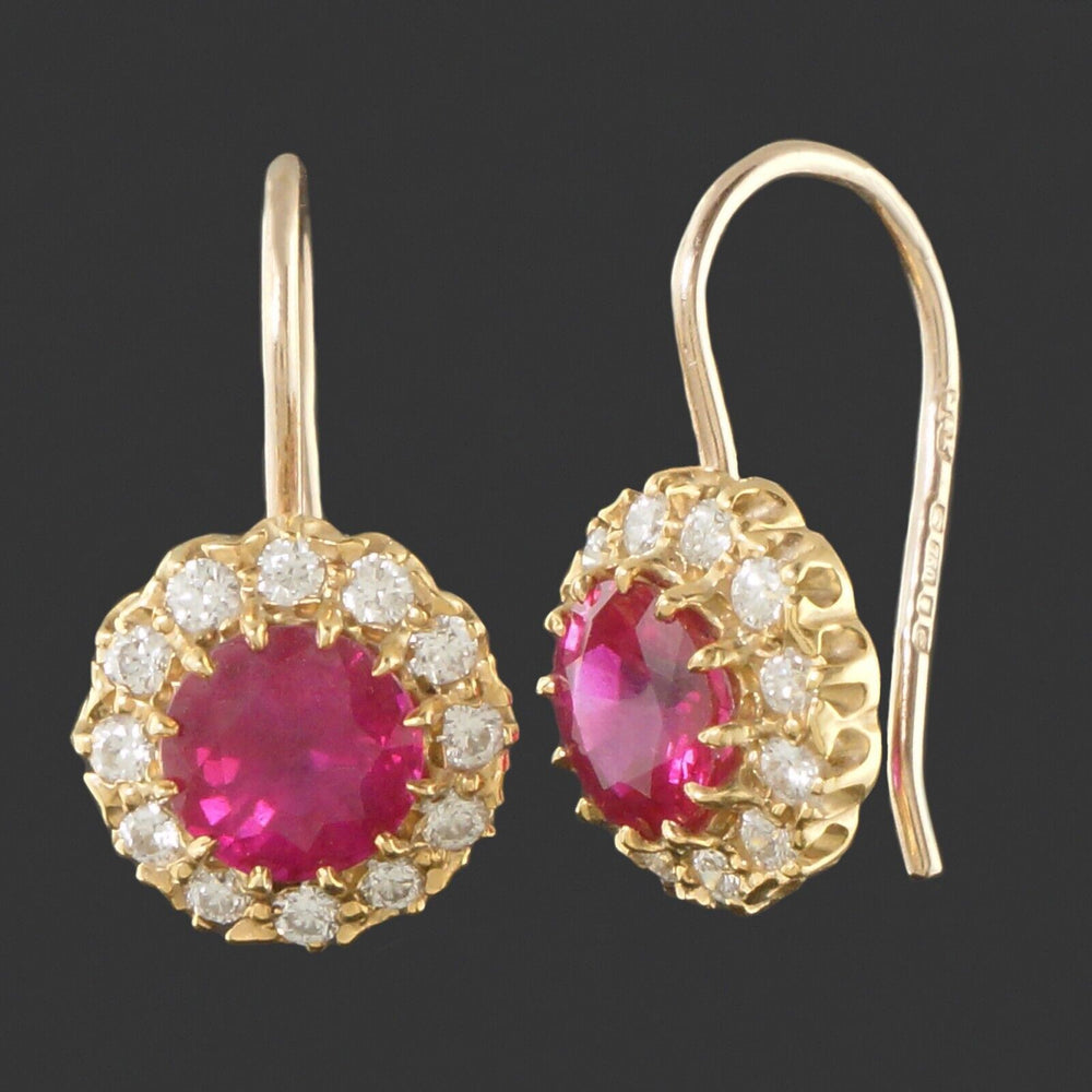Solid 18K Gold 2.50 CTW Pink Sapphire & Diamond Halo Drop Dangle Estate Earrings