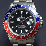 Rolex 16710 GMT Master II Pepsi Error Dial Sans Serif Stainless Steel Watch, Olde Towne Jewelers, Santa Rosa CA.
