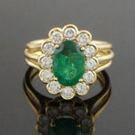 Solid 18K Yellow Gold, 2.50 Ct Oval Emerald & .77 CTW Diamond Halo Estate Ring
