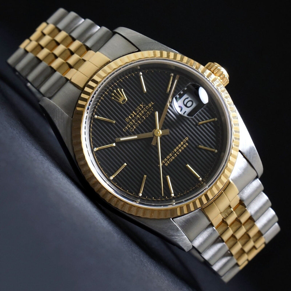 Stunning 1989 Rolex 16233 Datejust 18K/SS Black Tapestry Dial 36mm Man's Watch, Olde Towne Jewelers, Santa Rosa CA.