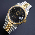 Stunning 1989 Rolex 16233 Datejust 18K/SS Black Tapestry Dial 36mm Man's Watch, Olde Towne Jewelers, Santa Rosa CA.
