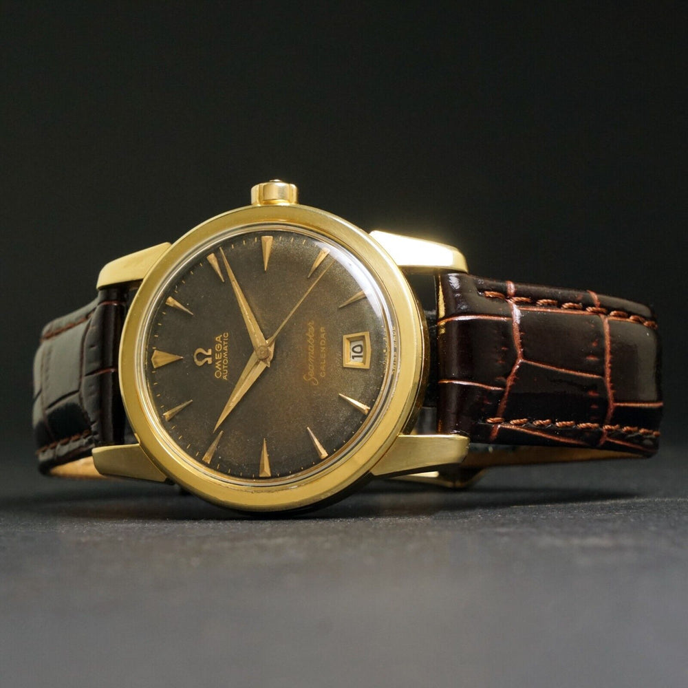 1955 Omega 2757 Seamaster Calendar Solid 18K Gold Watch Black Gilt Dial All Original, Olde Towne Jewelers, Santa Rosa CA.
