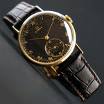 Stunning Rare 1940s Omega Large 14K Gold Man's Watch Orig Black Gloss Gilt Dial