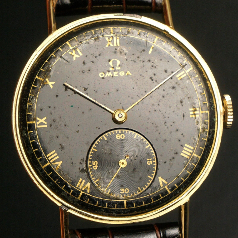 Stunning Rare 1940s Omega Large 14K Gold Man's Watch Orig Black Gloss Gilt Dial, Olde Towne Jewelers, Santa Rosa CA.