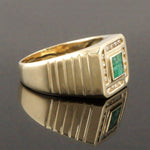 Retro Solid 14K Yellow Gold .40 Ct. Emerald & Pave Diamond Stepped Shoulder Ring