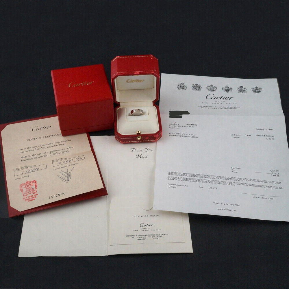 Cartier 18K White Gold Six Diamond Love Ring Sz48 Boxes Cert Rodeo Drive Receipt