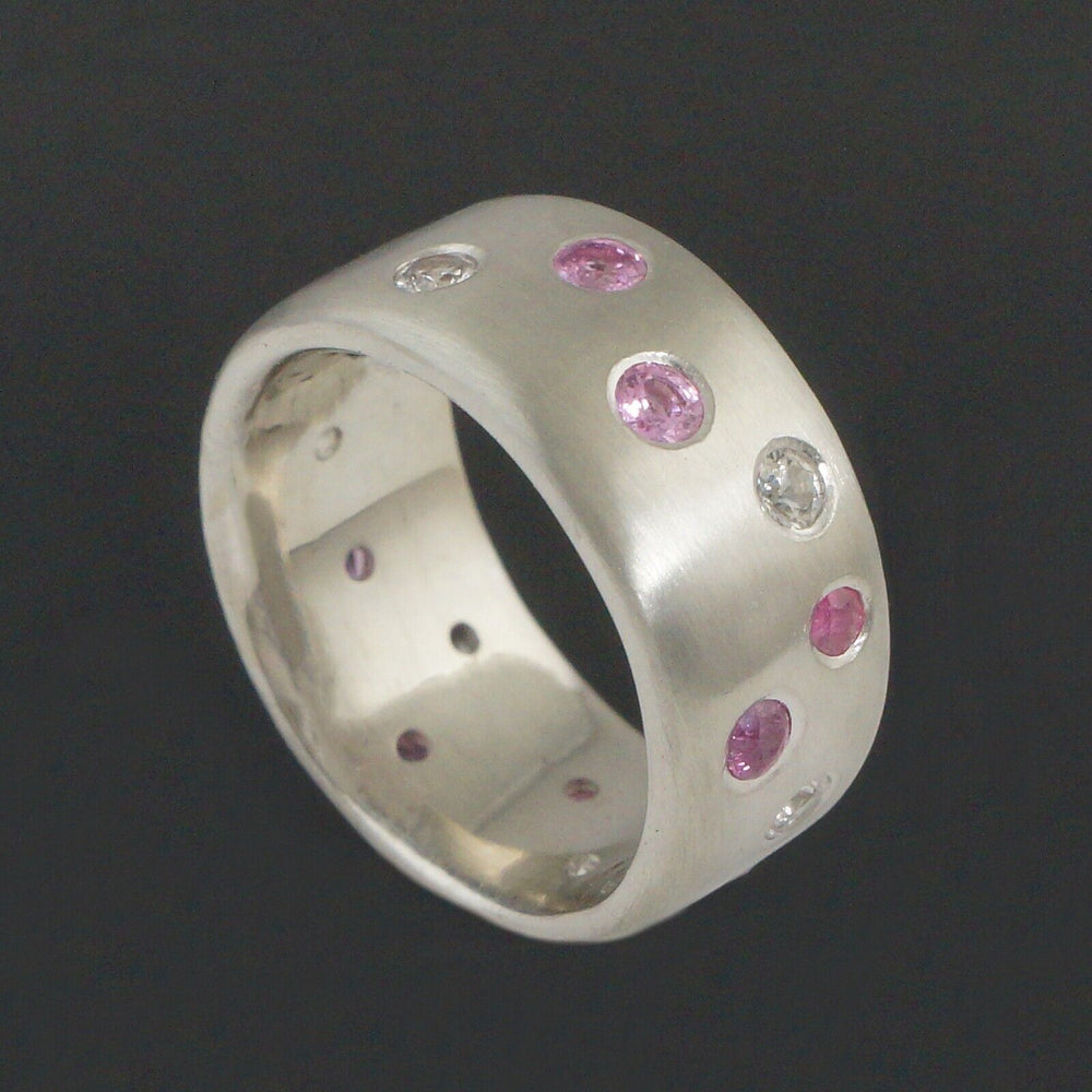Modernist Solid 14K Gold, Flush Set Pink Sapphire & Diamond 10MM Wedding Band, Olde Towne Jewelers, Santa Rosa CA.