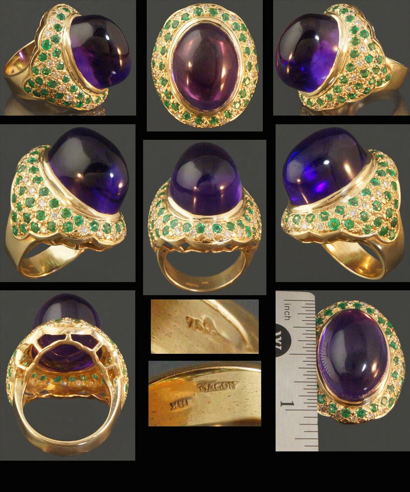 Colossal Dagon Solid 18K Gold, 25ct Amethyst, 1.0ctw Emerald & Diamond Ring, Olde Towne Jewelers, Santa Rosa CA.