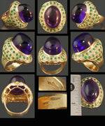 Colossal Dagon Solid 18K Gold, 25ct Amethyst, 1.0ctw Emerald & Diamond Ring, Olde Towne Jewelers, Santa Rosa CA.