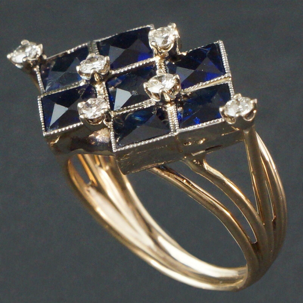 Retro Modernist, Two Tone 14K Gold, Sapphire And Diamond, Ladies Estate Ring, Olde Towne Jewelers, Santa Rosa CA.