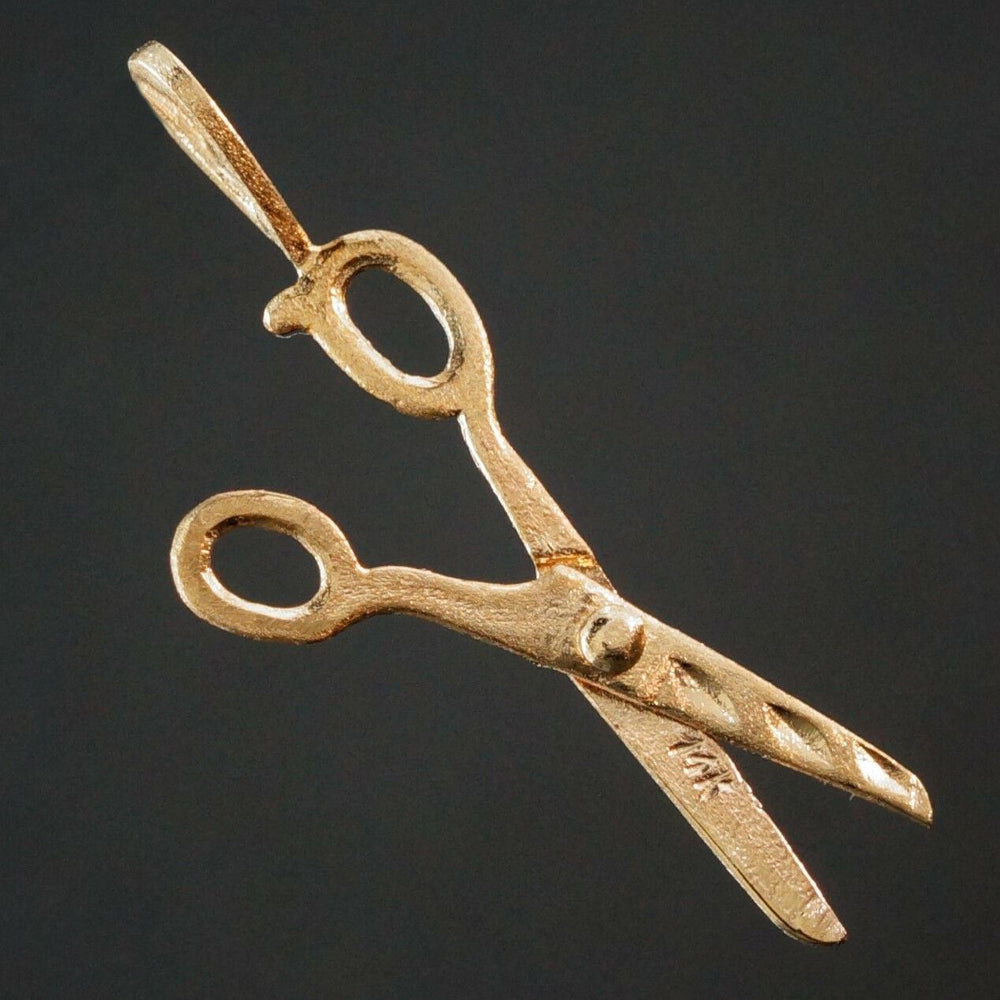 Solid 14K Yellow Gold Articulated Scissors Charm, Pendant, Open & Close, Olde Towne Jewelers, Santa Rosa CA.