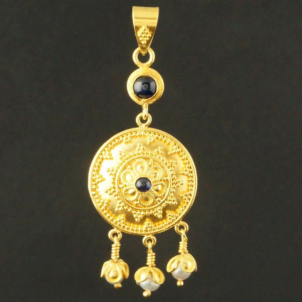 Etruscan Solid 22K Gold Filigree, Freshwater Pearl & Sapphire Cabochon Pendant, Olde Towne Jewelers, Santa Rosa CA.
