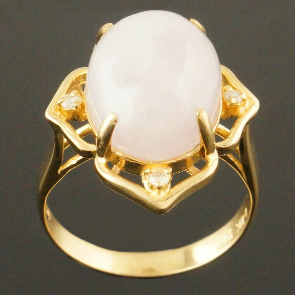 Solid 14K Yellow Gold, Lavender Jade Cabochon & Diamond Estate Cocktail Ring