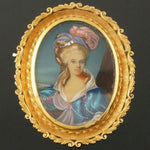 Solid 18K Yellow Gold Scrollwork & Hand Painted Portrait Estate Pin, Brooch