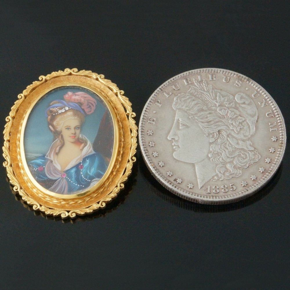 Solid 18K Yellow Gold Scrollwork & Hand Painted Portrait Estate Pin, Brooch, Olde Towne Jewelers, Santa Rosa CA.