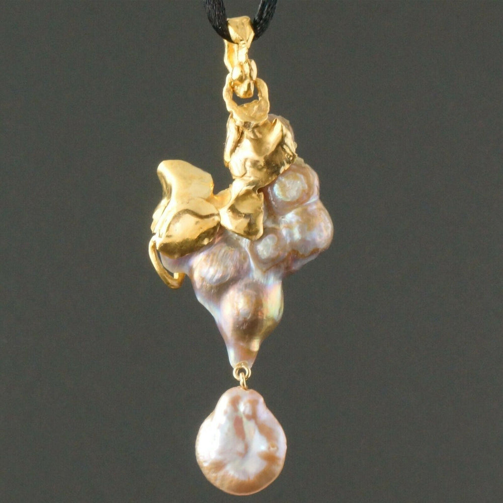Large Dagon Freeform Solid 24K Gold, Fresh Water Pearl & Diamond Pendant, Olde Towne Jewelers, Santa Rosa CA.
