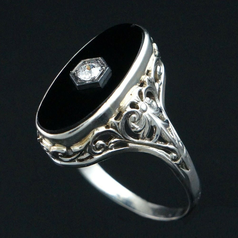 1920s Art Deco, Solid 18K Gold, Onyx & OEC Diamond, Filigree Estate Ring, Olde Towne Jewelers Santa Rosa Ca.