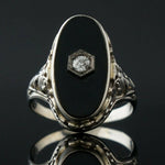 1920s Art Deco, Solid 18K Gold, Onyx & OEC Diamond, Filigree Estate Ring, Olde Towne Jewelers Santa Rosa Ca.