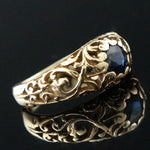 Solid 14K Yellow Gold Filigree & .54 Ct Blue Spinel, Floral Motif Cigar Band Estate Ring, Olde Towne Jewelers, Santa Rosa CA.