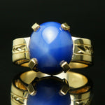 Heavy Solid 14K Yellow Gold, 14.5 Ct Blue Star Sapphire, Estate Engraved Ring, Olde Towne Jewelers, Santa Rosa. CA.