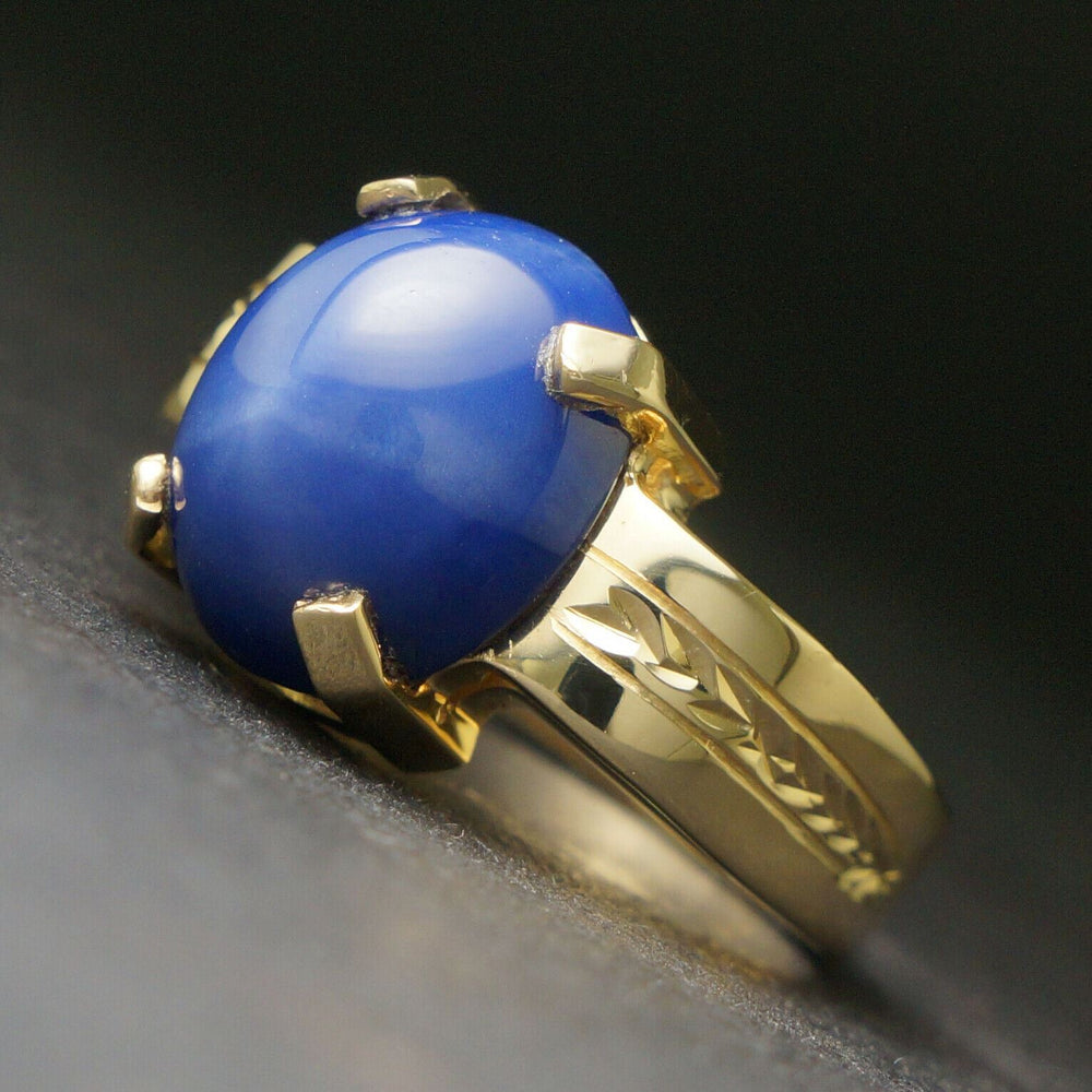 Heavy Solid 14K Yellow Gold, 14.5 Ct Blue Star Sapphire, Estate Engraved Ring, Olde Towne Jewelers, Santa Rosa. CA.