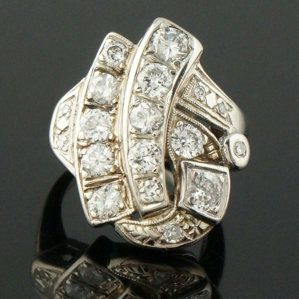 Rare 1940s Retro Deco Solid 14K White Gold & 1.34 CTW Diamond, Estate Ring, Olde Towne Jewelers Santa Rosa CA.