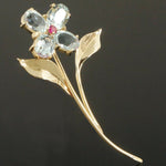 Vintage Tiffany & Co. Solid 14K Yellow Gold Aquamarine & Ruby Flower Pin, Brooch