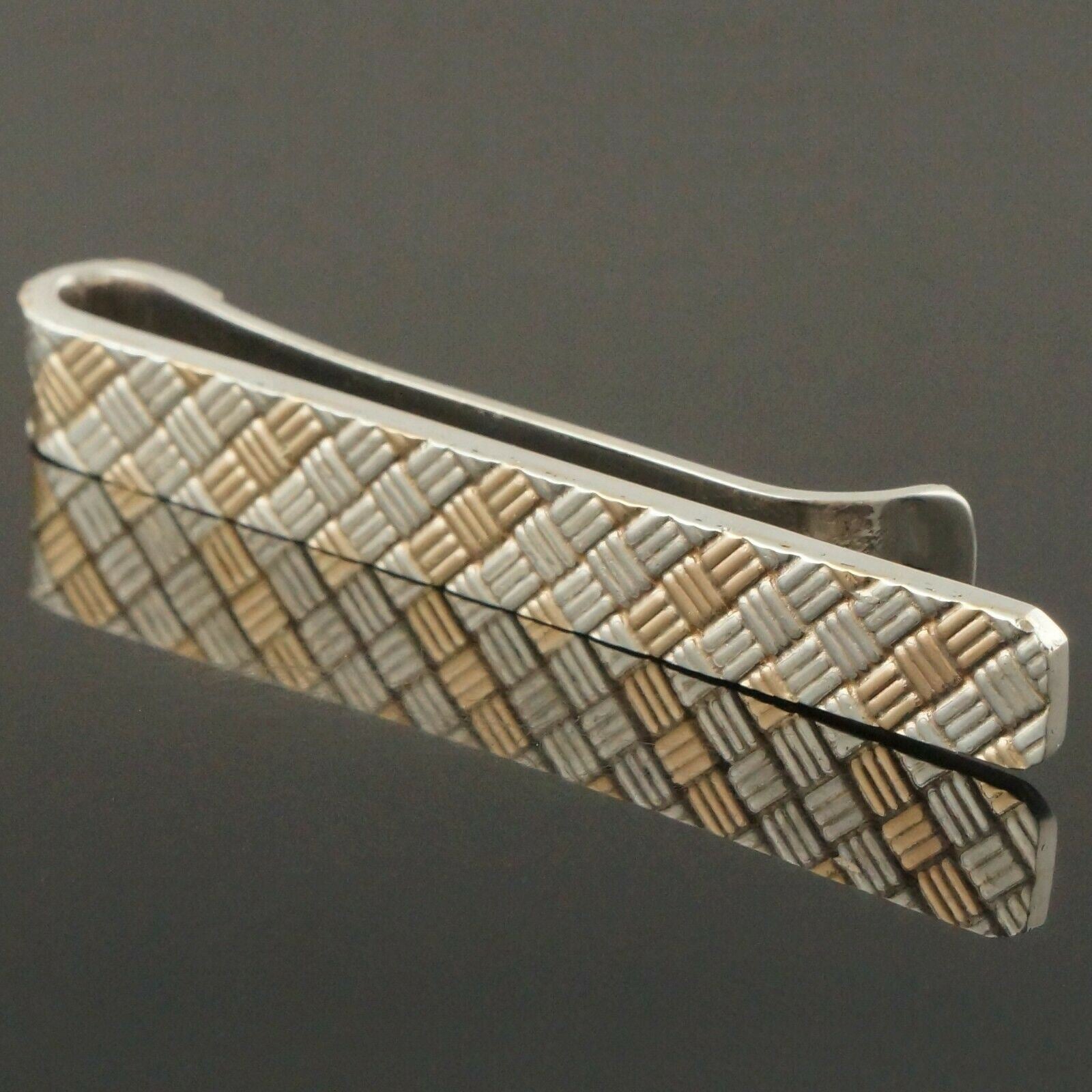 Solid 14K Yellow Gold Sterling Silver Checkered Cross Weave Tie