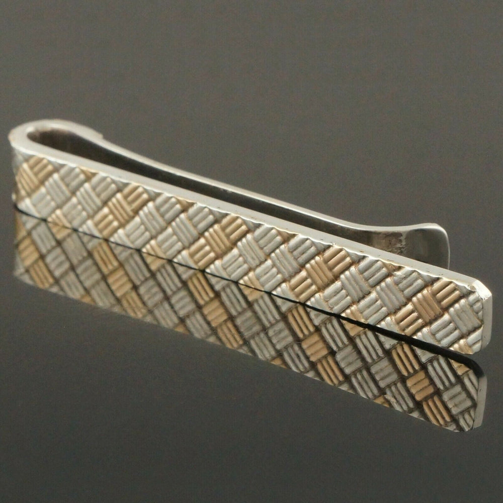 Solid 14K Yellow Gold & Sterling Silver Checkered Cross Weave Tie Clip