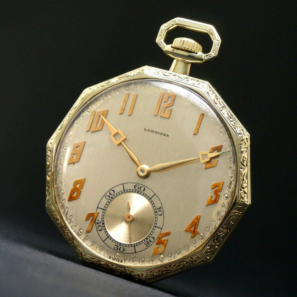 Rare Stunning 1919 Longines Solid 14K Yellow Gold Art Deco 10 Sided Pocket Watch