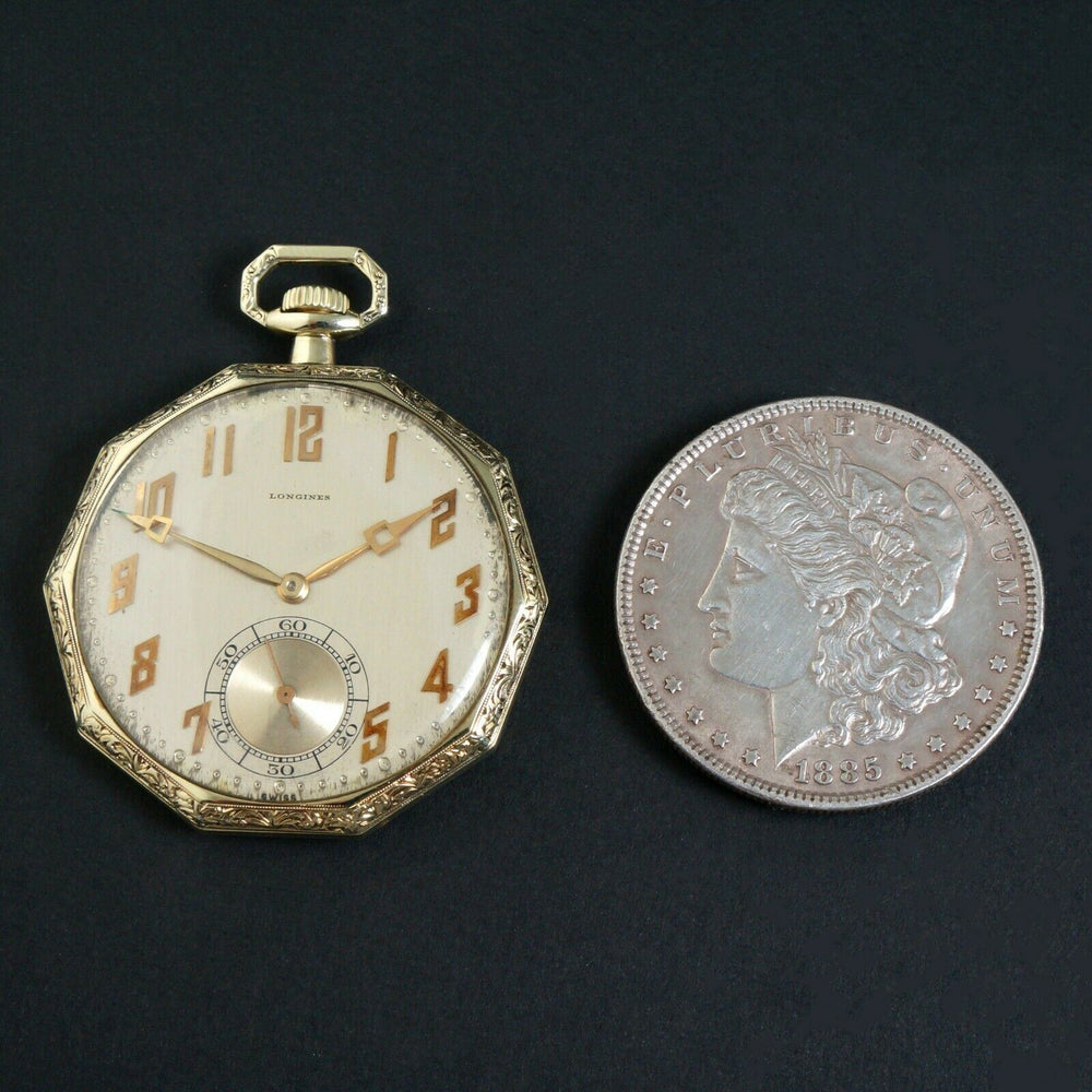 Rare Stunning 1919 Longines Solid 14K Yellow Gold Art Deco 10 Sided Pocket Watch, Olde Towne Jewelers, Santa Rosa CA.