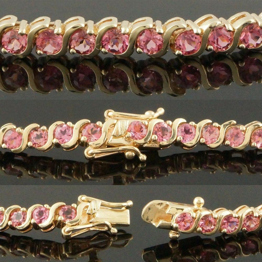 Solid 10K Yellow Gold & 7.35 CTW Pink Tourmaline, 8" Estate Tennis Bracelet