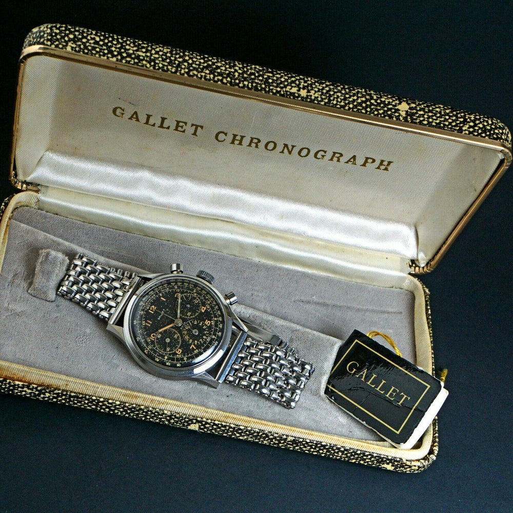 Gallet Jim Clark Chronograph Gilt Tropical Black Dial, Box & Papers, Stunning