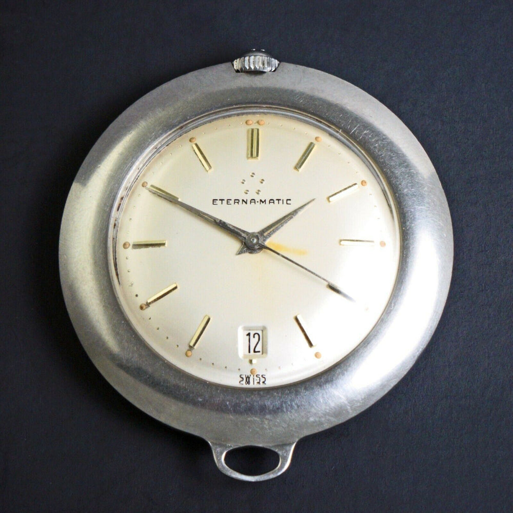 Stunning Vintage Eterna Matic Stainless Steel Golf Pocket Watch All Original, Olde Towne Jewelers, Santa Rosa CA.