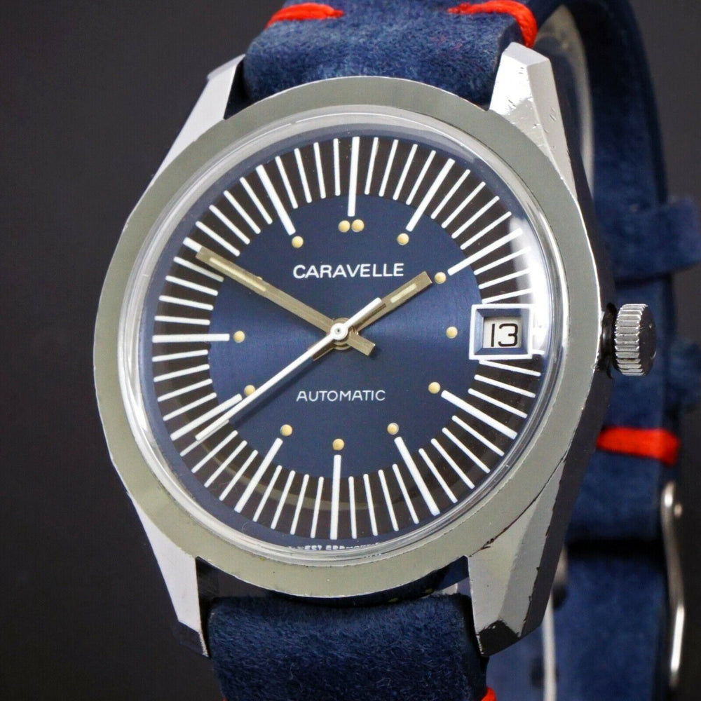 Rare 1974 Caravelle Large Automatic Blue Dial Stainless Steel Watch