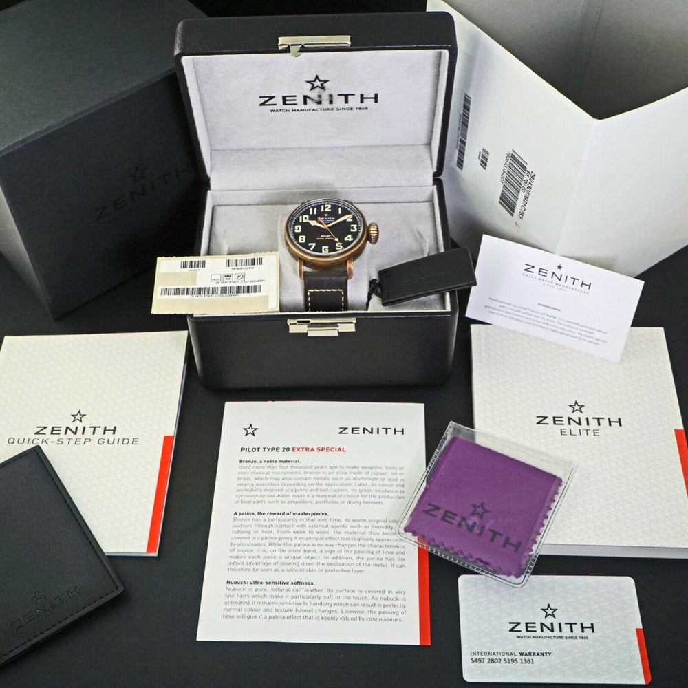 Zenith Pilot Type 20 Extra Special Bronze Automatic 44mm Watch, Box Papers, Olde Towne Jewelers, Santa Rosa CA.