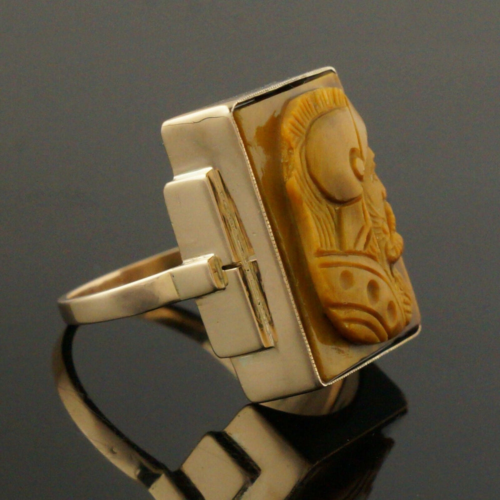 Retro Solid 10K Gold & Carved Tiger's Eye Intaglio Roman Warrior, Estate Ring, Olde Towne Jewelers, Santa Rosa CA.