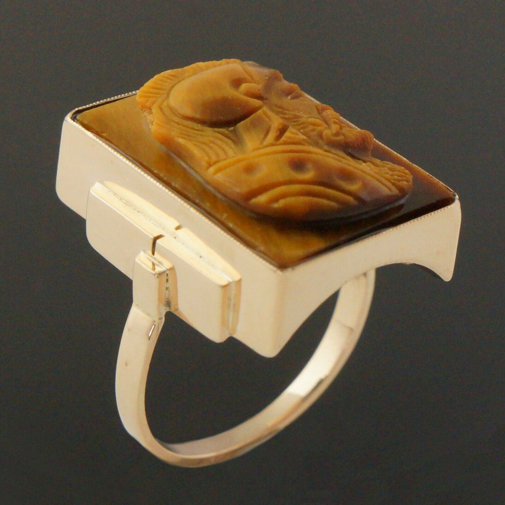 Retro Solid 10K Gold & Carved Tiger's Eye Intaglio Roman Warrior, Estate Ring, Olde Towne Jewelers, Santa Rosa CA.