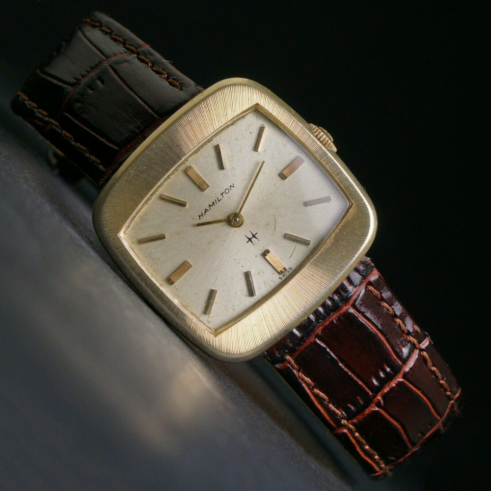 Unusual Hamilton Solid 14K Gold TV Screen Case Vintage Man's Watch, All Orig!, Old Towne Jewelers, Santa Rosa CA.