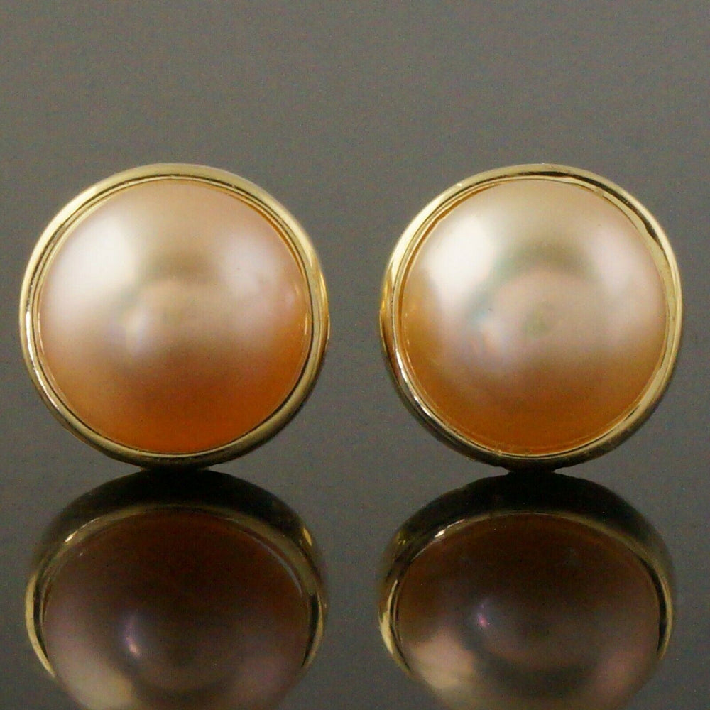 Vintage Solid 14K Yellow Gold & 10MM Mabe Pearl Stud Earrings
