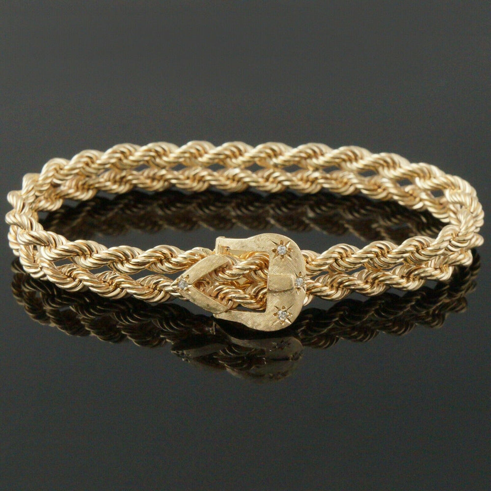 Custom Solid 14K Yellow Gold & Diamond Double Twisted Rope Buckle Clasp Bracelet
